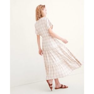 Madewell Women's Button Tiered Midi Dress Undyed Gingham Cotton Linen Small